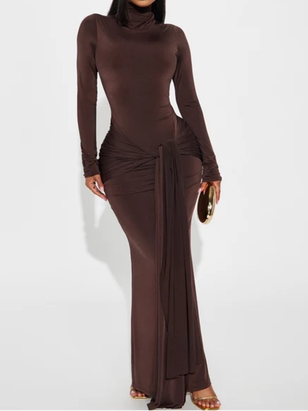 Sleek Brown Long-Sleeve Turtleneck Maxi Dress with Draped Tie